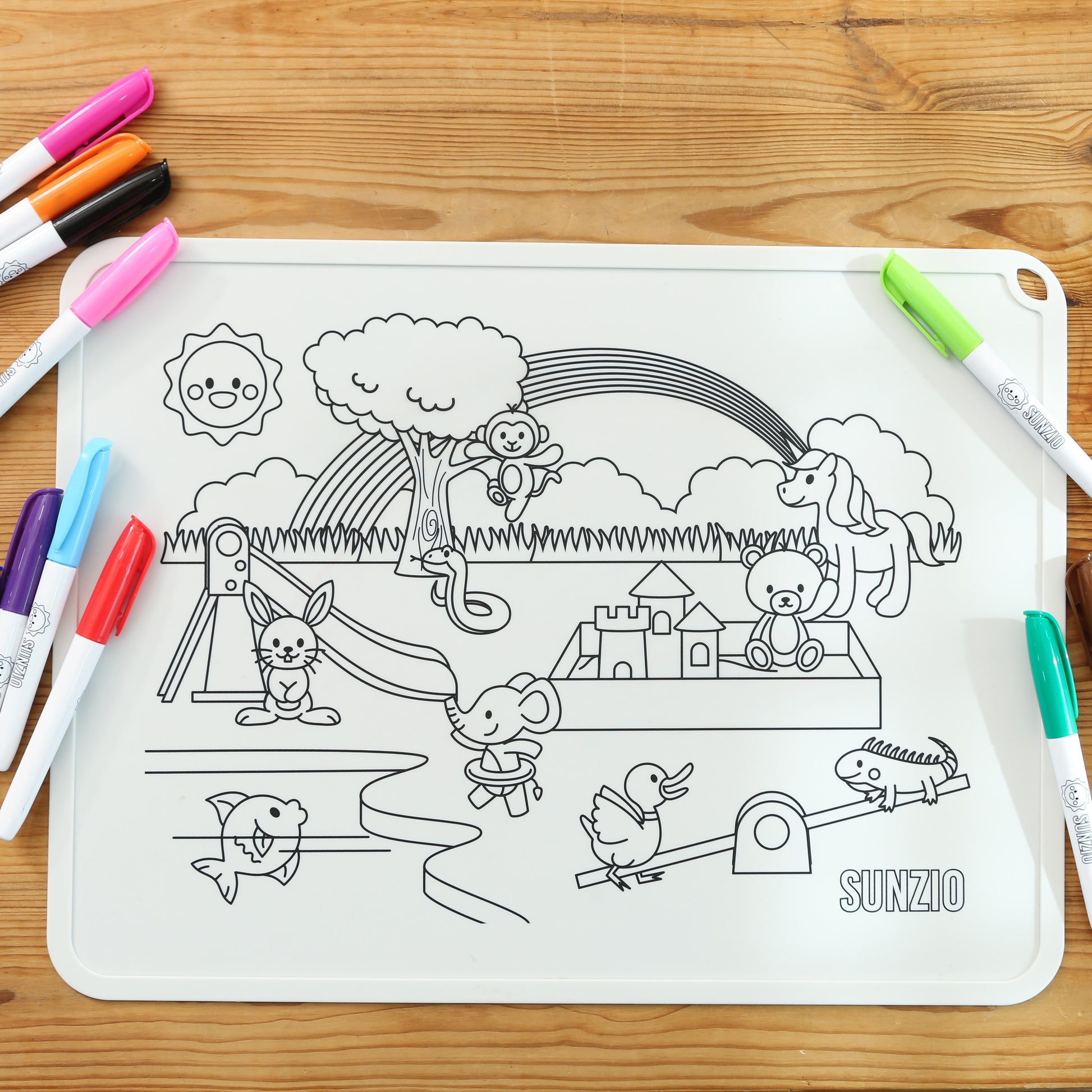 SUNZIO Silicone Suction Placemats for Kids Toddlers Baby | 2 BPA Free Non Slip Placemats Set | Doubles As Educational Coloring Activity Mat | Markers