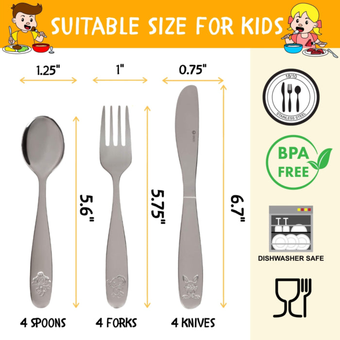 12 Piece Stainless Steel Kids Silverware Set - Child and Toddler Safe  Flatware - Kids Utensil Set - Metal Kids Cutlery Set Includes 4 Small Kids
